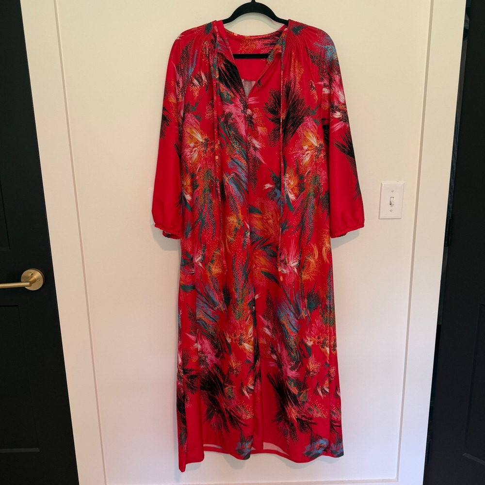 Vintage Style Red Abstract Floral Print Maxi Goen Long Sleeve Zip Up One Size